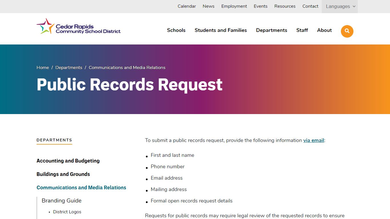 Public Records Request - Cedar Rapids CSDCedar Rapids CSD